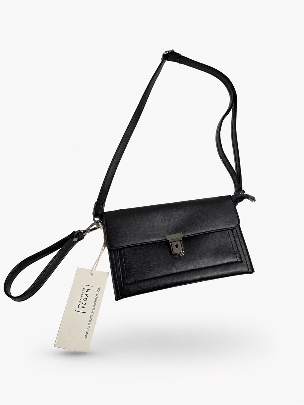 Classic Black Vegan Crossbody with Detachable Wristlet